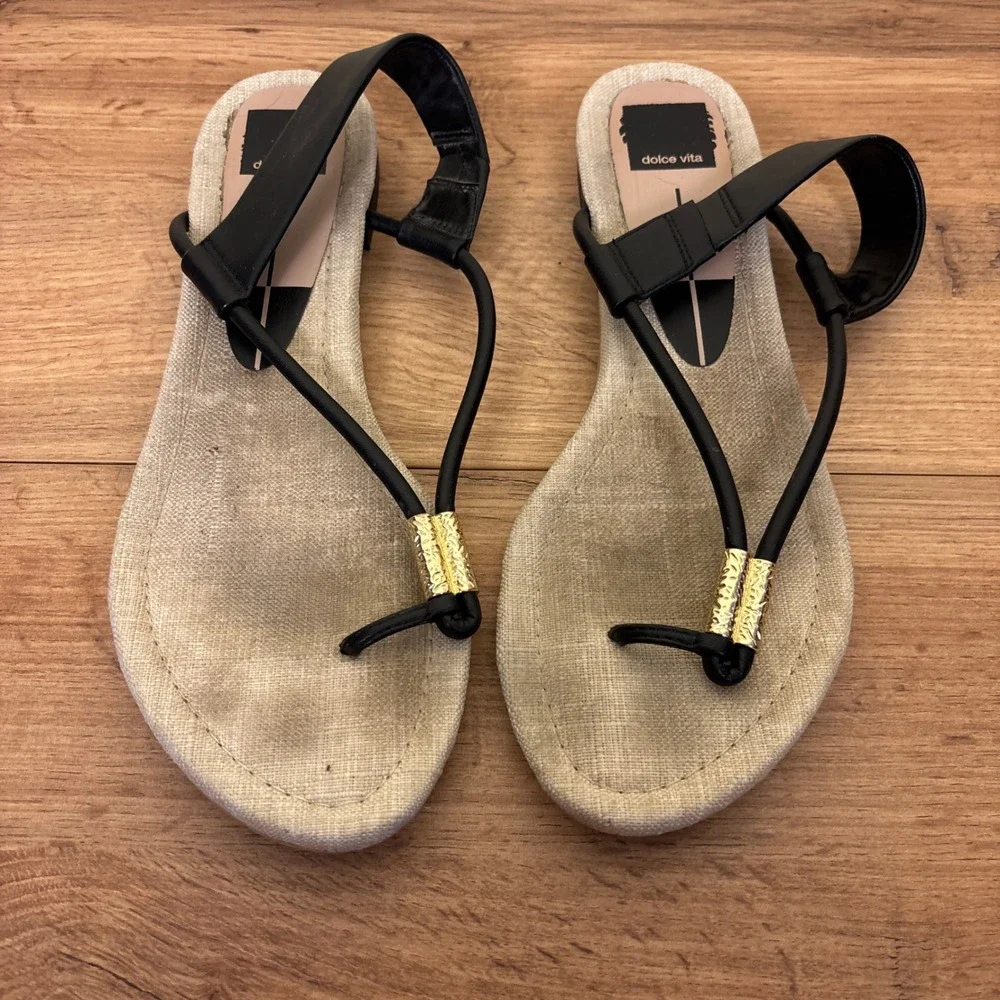 DOLCE VITA Bacey Strap Sandal In Black Women Size 10 Flat Casual‎ Summer Gold